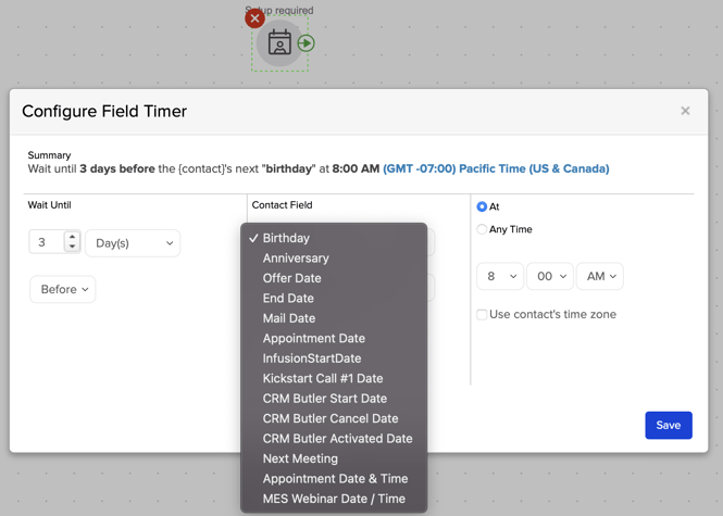 Keap Configure Field Timer