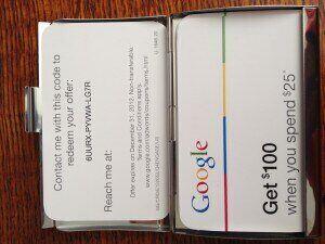 Google Engage direct mail package includes a business card holder and 20 custom cards for $100 Google AdWords Credit.