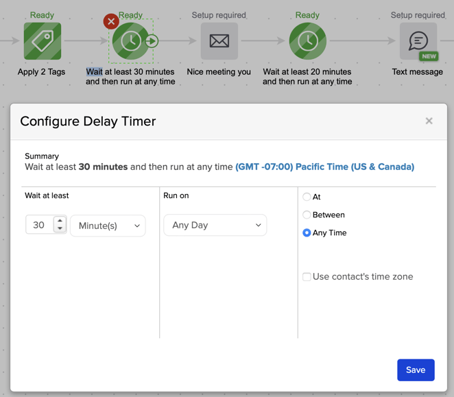 Keap Configure Delay Timer