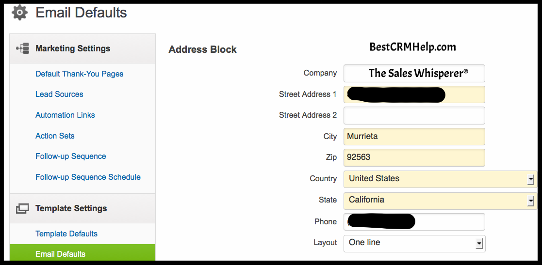 Infusionsoft marketing settings in template settings for email company name defaults.