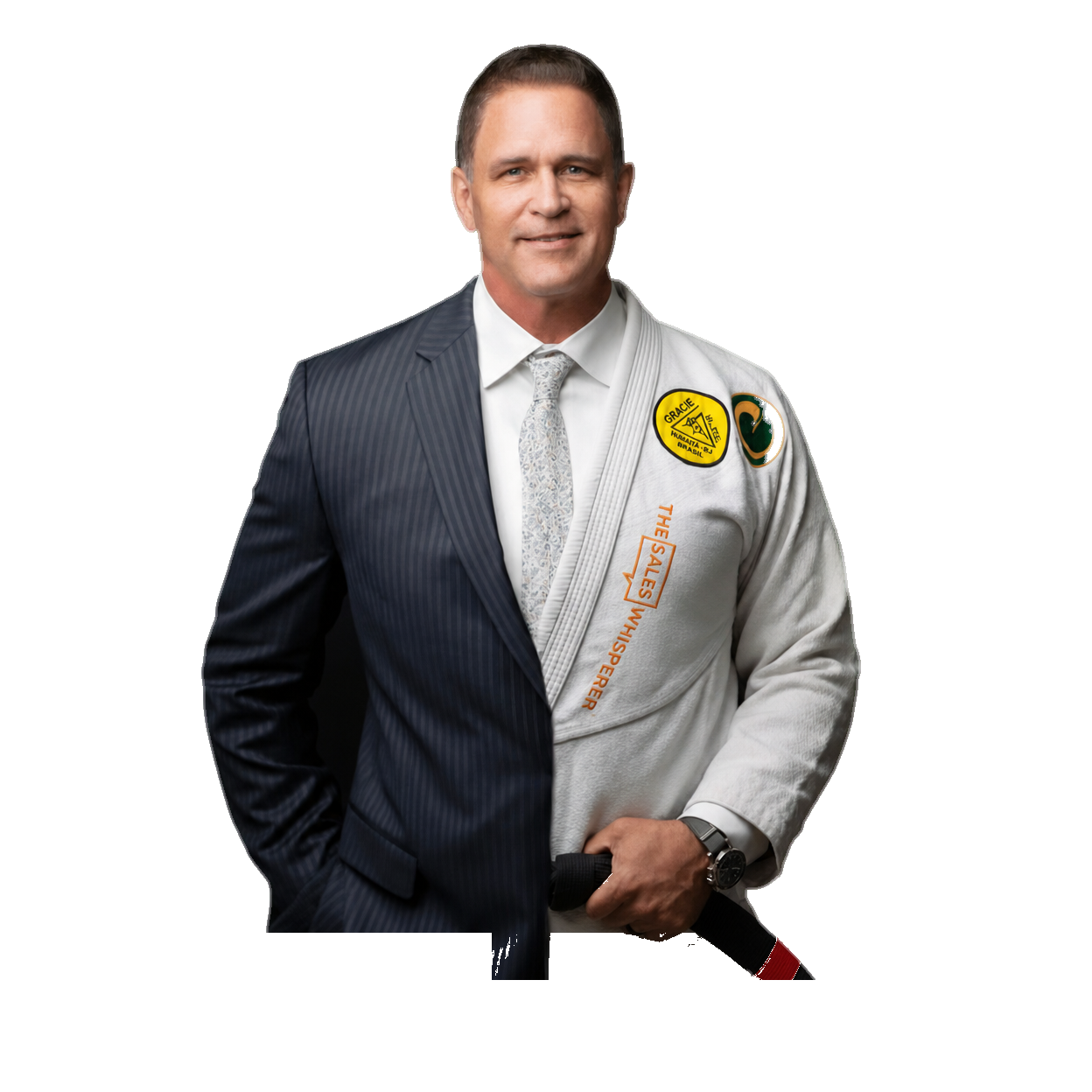 Wes Schaeffer in a split business suit and Brazilian Jiu-Jitsu gi portrait